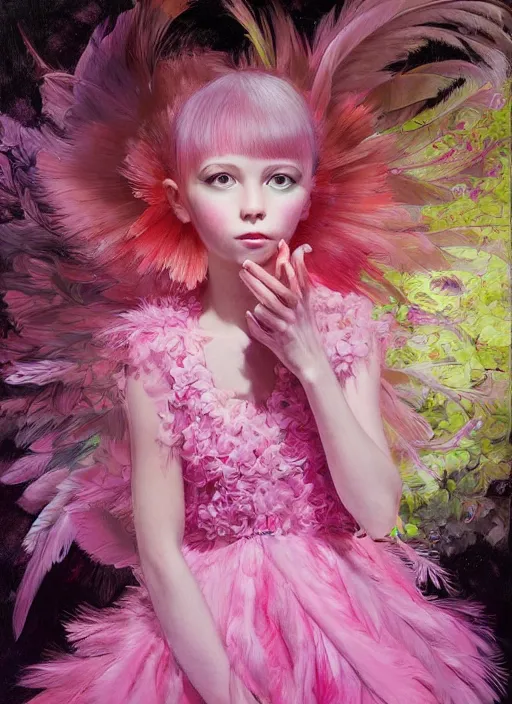 Image similar to beautiful little girl with an pink eccentric haircut wearing an dress made of feathers dancing on stage, artwork made by ilya kuvshinov, inspired in donato giancola, hd, ultra realistic, reflection, flowers, light