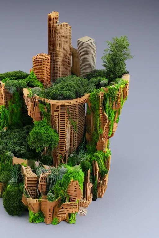 Image similar to 3 d printed physical model organic flowy including more than one city into one vertical building model that sits on a table in a room with a view back, multiple stories, transparent, with vegetation, colorful, wooden material, section cut, eye - level view, 8 0 k, octane render, highly detailed 3 d render,