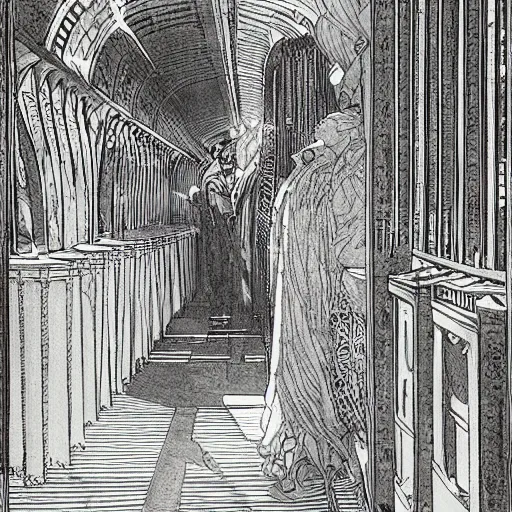 Prompt: artwork by Franklin Booth showing Babylon by bus