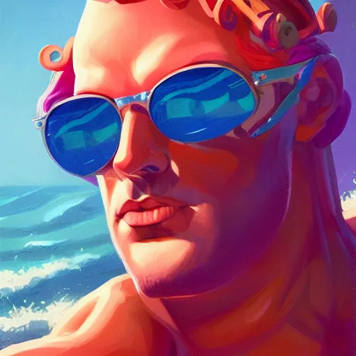 Prompt: portrait art deco synthwave poseidon wearing sunglasses, wearing a laurel wreath, 80s nostalgia, behance hd artstation by Jesper Ejsing, by RHADS, Makoto Shinkai and Lois van baarle, ilya kuvshinov, ross tran