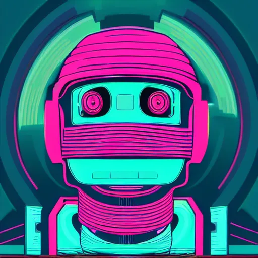 Prompt: a portrait of a robot in retro colors, synthwave style, 2 d digital vector art