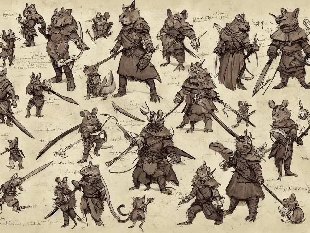 Image similar to character design sheet for a heroic mouse knight with sword and shield on a parchment background, redwall, greg rutowski and jean baptiste monge, very very detailed, epic fantasy concept art