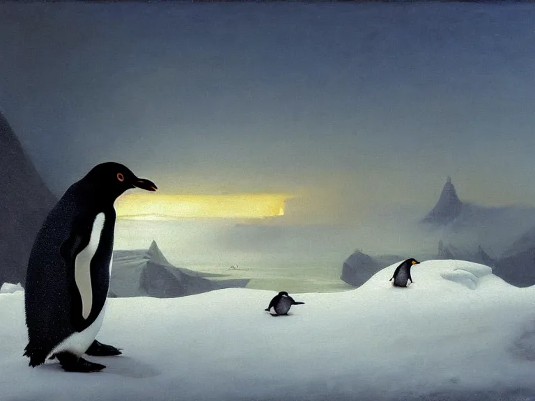 Prompt: an oil painting of a penguin playing in pure white snow on a misty glacier at dusk. aurora. by tuomas korpi moebius and carl spitzweg. baroque elements. intricate artwork by caravaggio. oil painting. oil on canvas. award winning. dramatic. trending on artstation. 8 k