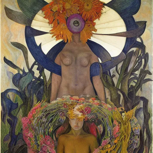 Prompt: facemask made of flowers, by annie swynnerton and jean delville and edward hopper and diego rivera and evelyn de morgan and rufino tamayo, dark flower shaman, art brut, outsider art, symbolist, dramatic lighting, god rays, elaborate geometric ornament, clean crisp graphics, smooth sharp focus, extremely detailed, adolf wolfli