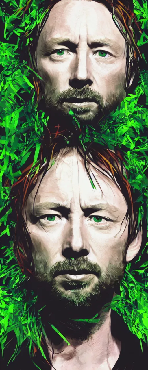 Image similar to disco diffusion portrait of Thom Yorke, hiding in the bushes looking shifty