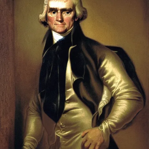 Prompt: a presidential portrait, of a muscular, shirtless, thomas jefferson.