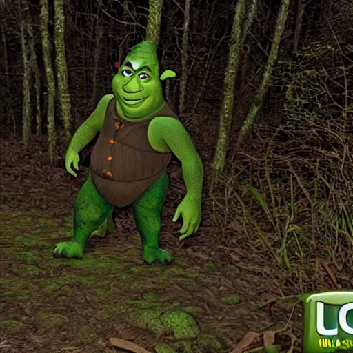 Image similar to shrek trail cam, night vision, scary, found footage