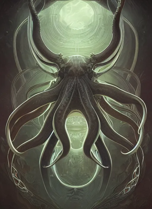 Image similar to symmetry!! portrait of octopus alien in the style of horizon zero dawn, machine face, intricate, elegant, highly detailed, digital painting, artstation, concept art, smooth, sharp focus, illustration, art by artgerm and greg rutkowski and alphonse mucha, 8 k