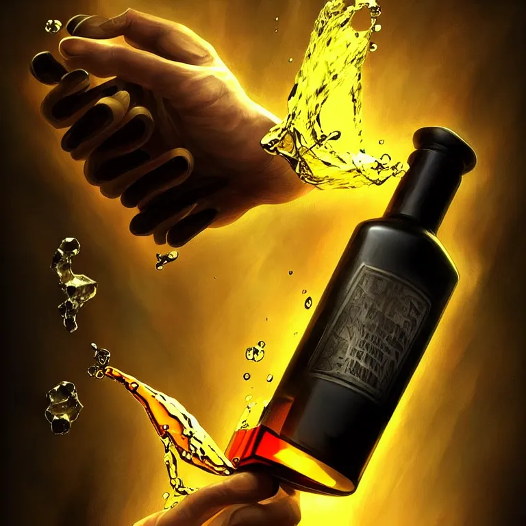 Prompt: epic professional digital art of holding a corked vial of viscous black liquid; mtg art by Volkan Baga, artstation