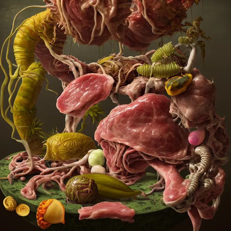 Prompt: still life of surreal alien pastel tropical flowers, rotten moldy meat flesh, colorful mold, surreal alien ribbed tropical fruit, white human spine, baroque painting, beautiful detailed intricate insanely detailed octane render, 8K artistic photography, photorealistic, chiaroscuro, Raphael, Caravaggio