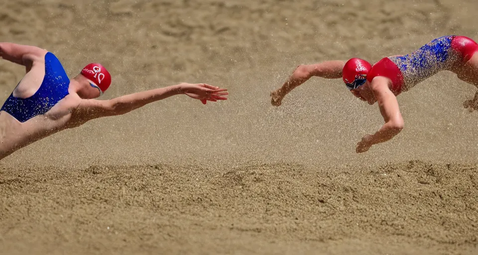 Image similar to olympic swimming in sand instead of water, extremely coherent, motion blur