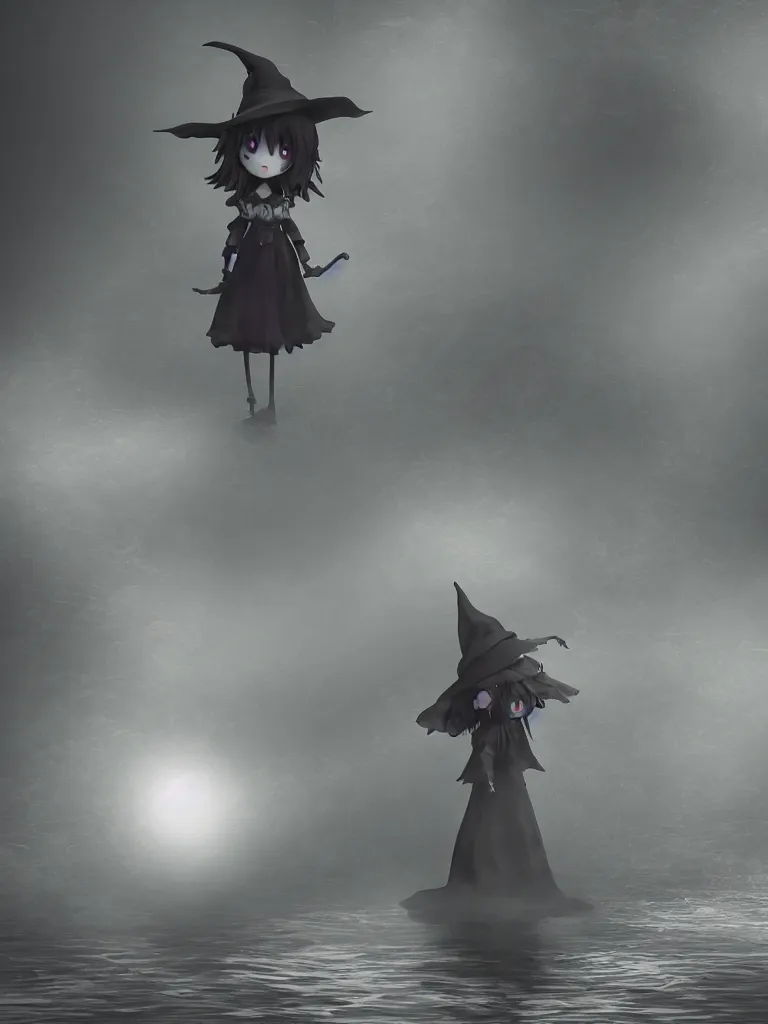 Image similar to cute fumo plush girl witch standing in reflective murky ghastly river water, otherworldly chibi gothic horror wraith maiden, lost in the void, hazy heavy swirling murky volumetric fog and smoke, moonglow, lens flare, rule of thirds vray
