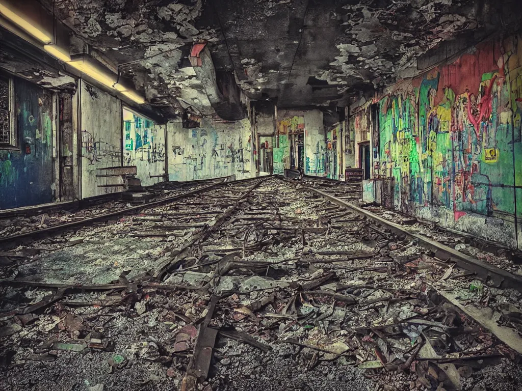 Image similar to “photography of abandoned subway station, urban decay, atmospheric, full of colour, digital photography”