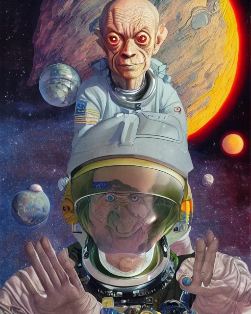 Image similar to gollum as an astronaut by roger dean, by masamune shirow, by wayne barlowe, futuristic, portrait, 4 k, wide eyes, hyper detailed, hyperrealism, anime