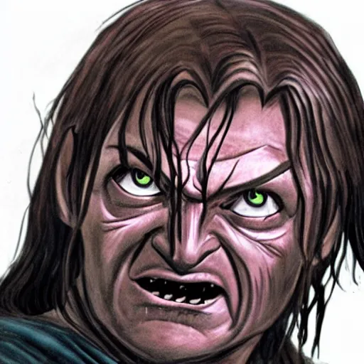 Image similar to boromir wearing the ring of power, demonic, as gollum in lord of the rings by peter jackson