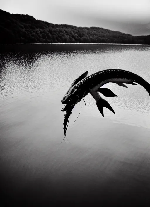 Image similar to a real life gyarados swimming in a lake, proof photograph, black and white, blurry, old camera, grainy, in motion