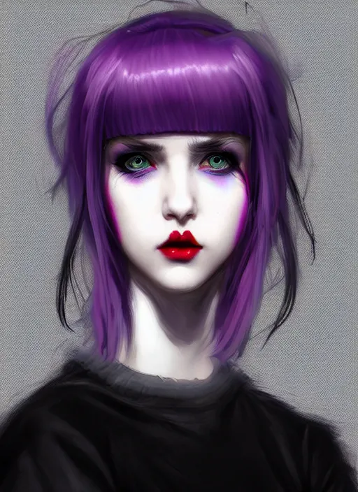 Image similar to portrait of white teenage girl, normal face, white bangs, mall goth, cyberlox, black and white hair, bangs, fluffy bangs, red contact lenses, purple lipstick, intricate, elegant, highly detailed, digital painting, artstation, concept art, sharp focus, smooth, illustration, art by wlop, mars ravelo and greg rutkowski