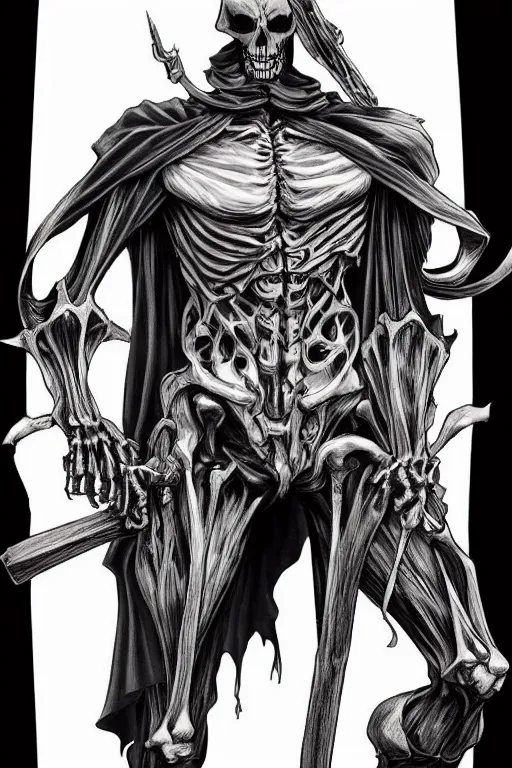 Prompt: a full body shot of a Grim Reaper by Takeshi Obata, skeleton face,wears shorts, highly detailed,artstation,manga