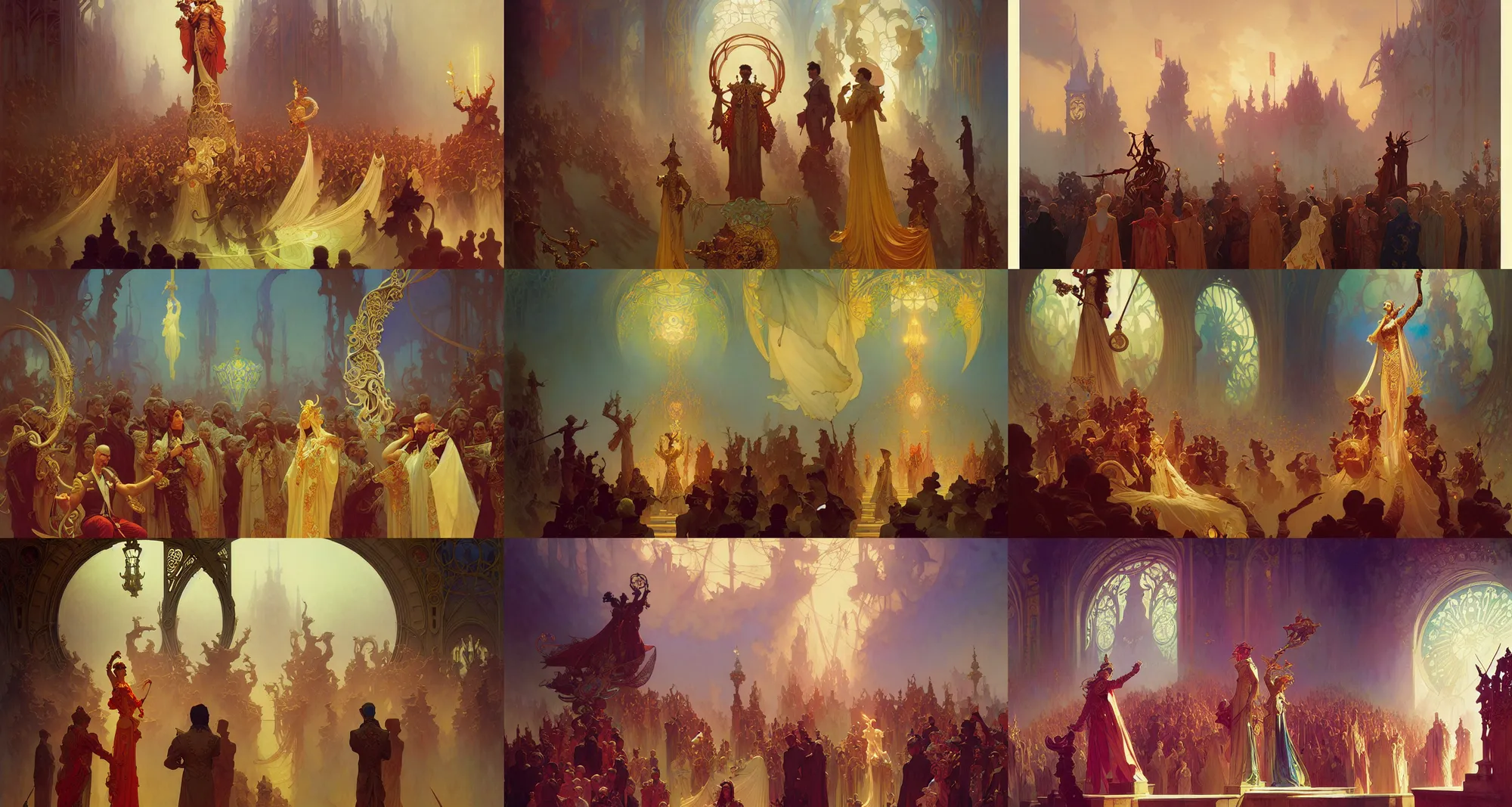 Image similar to coronation ceremony, art nouveau, fantasy, art by joseph leyendecker, peter mohrbacher, ivan aivazovsky, ruan jia, reza afshar, marc simonetti, alphonse mucha