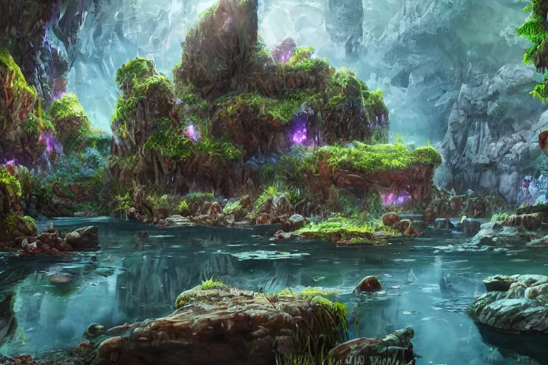 Image similar to beautiful stunning painting of a deep mysterious rocky varied cave landscape filled with large magic glowing clear crystals and filled with some ((plants)) and a small reflective pond, fantasy, digital art, realism, unreal engine, sharp, detailed, trending on artstation