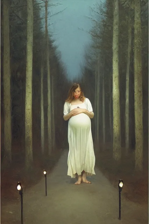 Image similar to pregnant woman under street light, nothern russia, by Alyssa Monks, Bouguereau