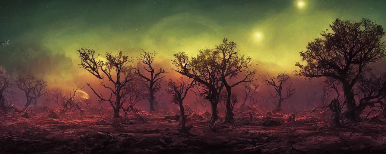 Prompt: ” barren landscape with dead trees at night, [ cosmic, cinematic, detailed, epic, widescreen, opening, establishing, mattepainting, photorealistic, realistic textures, octane render, art by slop and paul lehr ] ”