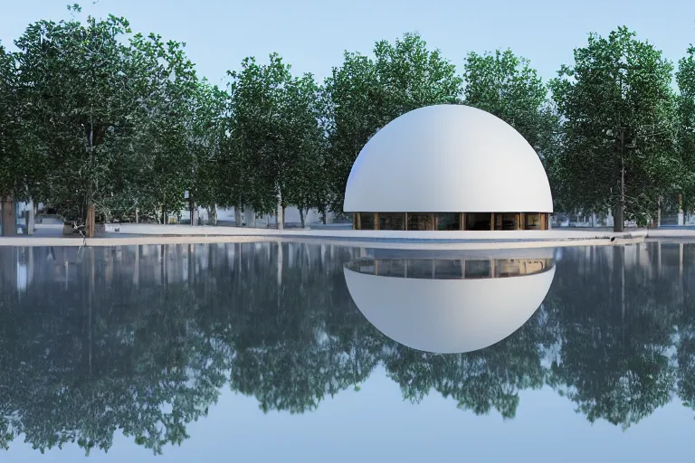 Image similar to many white round spherical buildings are crowded and combined to form a building on the calm lake, by pierre bernard, on the calm lake, people's perspective, future, interior wood, dusk, unreal engine highly rendered, global illumination, radial light, internal environment