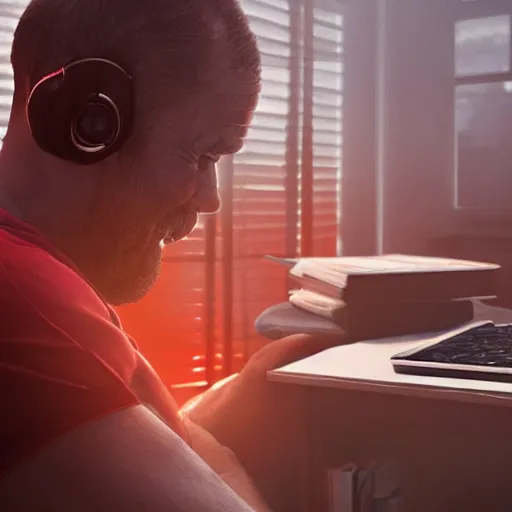 Prompt: a tired red - eyed man working on his computer, realistic, 8 k, extremely detailed, cgi, trending on artstation, hyper - realistic render, by greg rutkowski