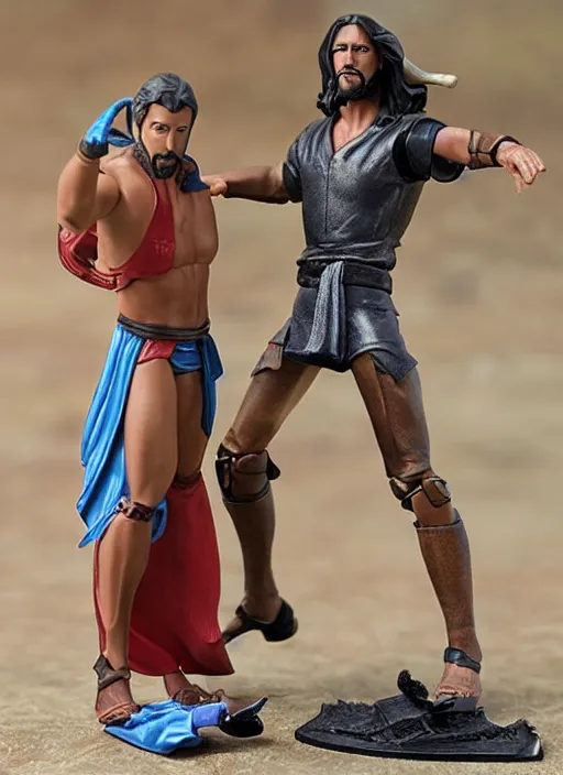 Image similar to Jesus vs the Devil in the flying sandals of salvation action figures toy pack