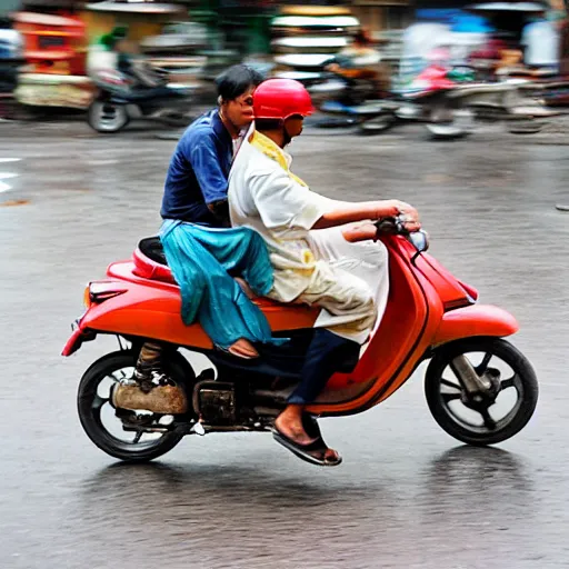 Image similar to a man riding a moped during a tornado hurricane, hanoi vietnam