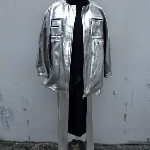 Image similar to a silver dirty jacket, retrofuturism