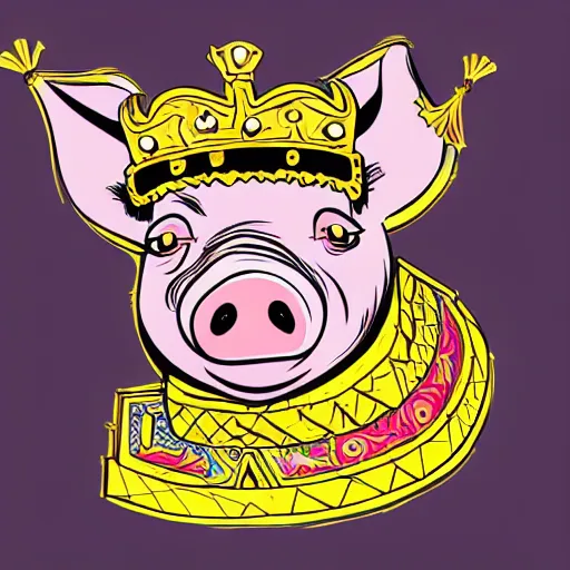 Prompt: Highly detailed comic book style drawing of a pig wearing a gold crown, full body, zoomed out, retro, colorful, intricate, vector, concept art, sharp