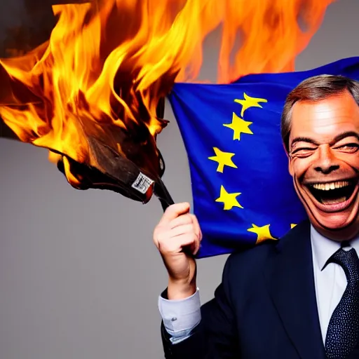 Image similar to nigel farage laughing holding burning eu flag, studio photograph, hd, studio