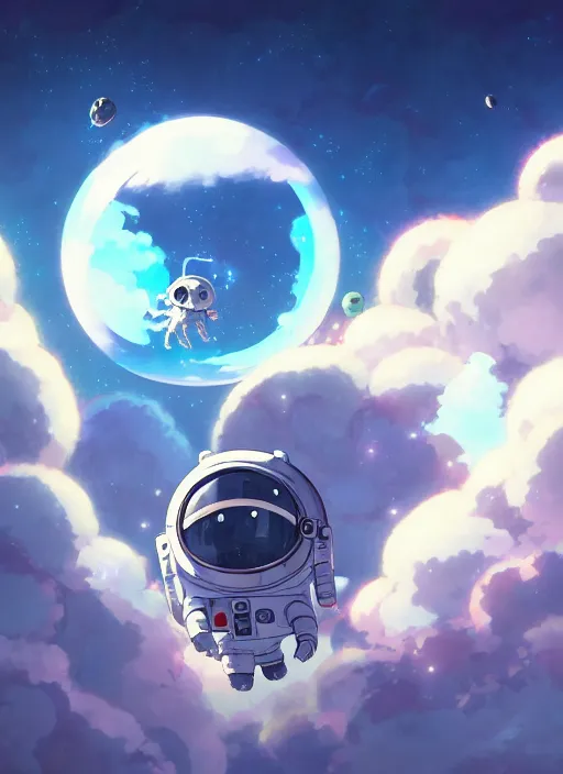 Image similar to portrait of cute kawaii astronaut android floating around a large biomechanical kaiju dragon, nebulous background of dynamic space, a dramatic composition by wlop and greg rutkowski and makoto shinkai and studio ghibli and kyoto animation cute bubbly clothing