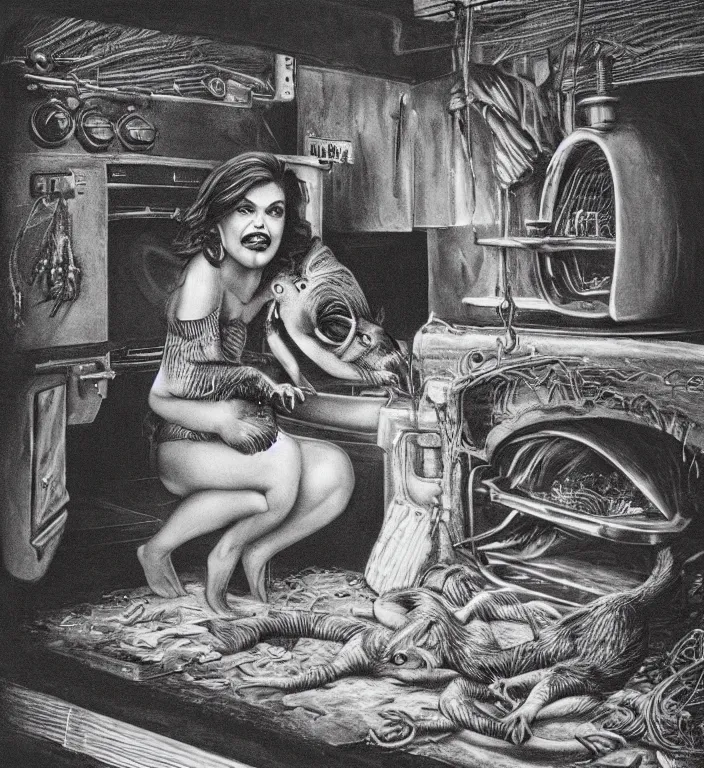 Image similar to black and white photo of a beauty woman puts a big rat in the oven 90s by Laurie Lipton, high detailed, realistic,dark surrealism, hyper detailed