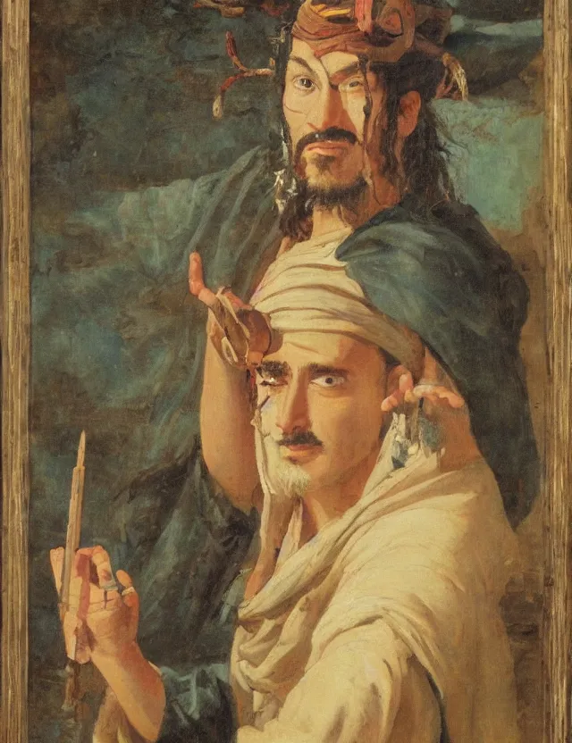 Image similar to orientalist painting of disheveled sunken - eyed sorcerer painter