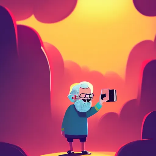 Image similar to curled perspective digital art of a cute smiling beard grandpa cartoon character taking a photo to a baby girl by anton fadeev