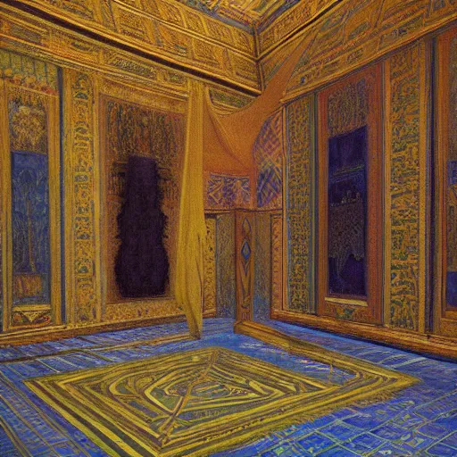 Prompt: a painting of a throne room , tiled floor a raytraced image by Mikalojus Konstantinas Čiurlionis, by Edward Okun, metaphysical painting, hall of mirrors, egyptian art, concept art