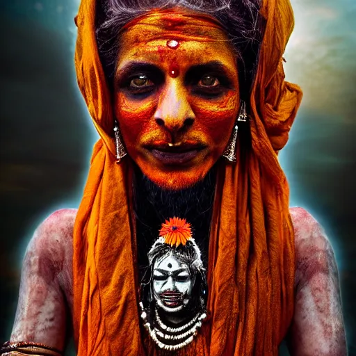 Image similar to realistic double exposed fuji film portrait of aghori tantrik india woman, tentacled creature mix, marigold celestial vibe, hyperrealism, hypermaxiymalism, photorealistic, detailed, atmospheric, 8 k, award winning photography, cinematic