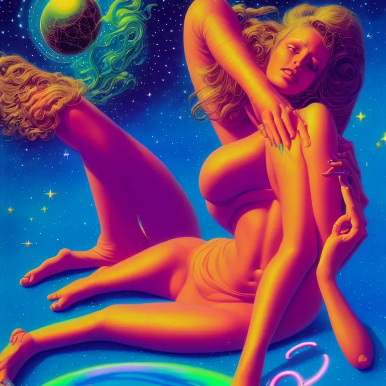 Image similar to cosmic girl, 2 0 yo, reclining close - up, bright neon colors, highly detailed, cinematic, panoramic, tim white, michael whelan, roger dean, bob eggleton, philippe druillet, vladimir kush, kubrick, alfred kelsner, boris vallejo