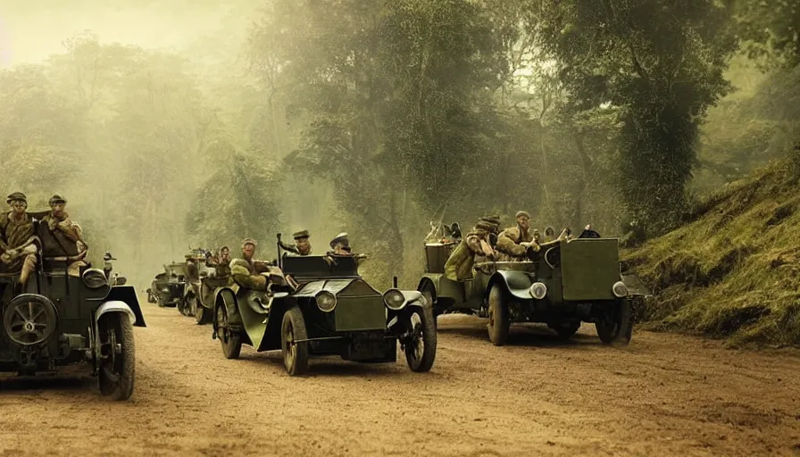 Prompt: british army driving a car in 1921 in kerala forest road, tribe members attacking, action scene, an epic fantasy, dramatic lighting, cinematic, establishing shot, extremely high detail, photorealistic, cinematic lighting, artstation, matte painting by christopher nolan, horizon forbidden west