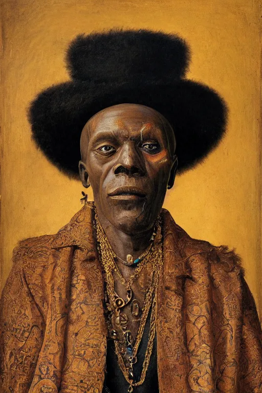 Image similar to portrait of baron samedi, oil painting by jan van eyck, northern renaissance art, oil on canvas, wet - on - wet technique, realistic, expressive emotions, intricate textures, illusionistic detail