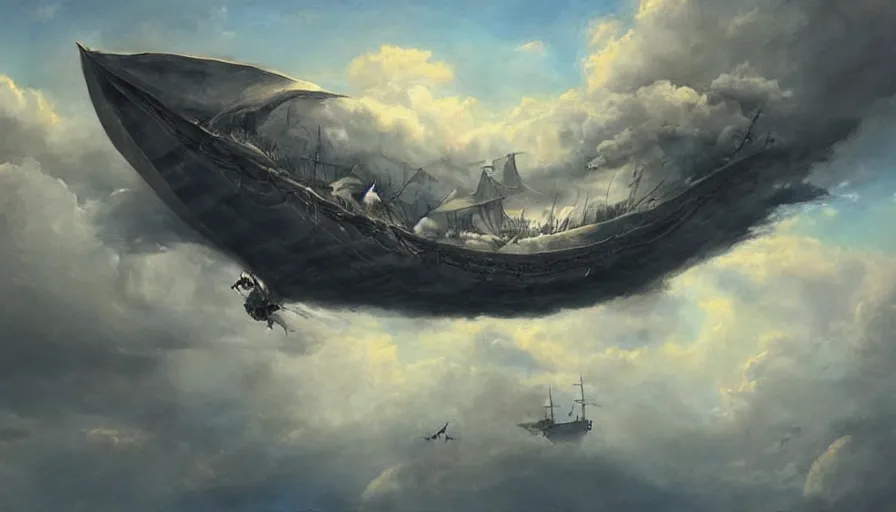 Prompt: a large pirate airship flying among the clouds, soaring through the sky, realist painting, pirate, beautiful, highly detailed, trending on art station