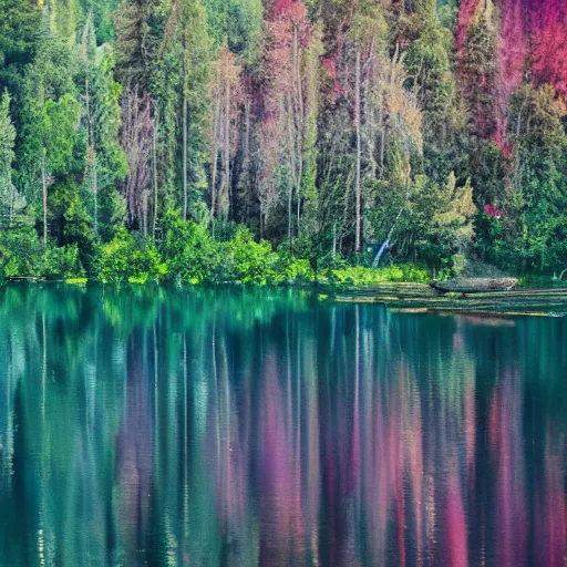 Prompt: photo of an ethereal forest with a purple fjord water full and lake, highly detailed, 4k