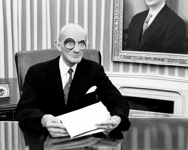 Prompt: a b-move sci-fi reptilian alien imposter wearing a suit, in the oval office, 1951, early black and white photo, cdx
