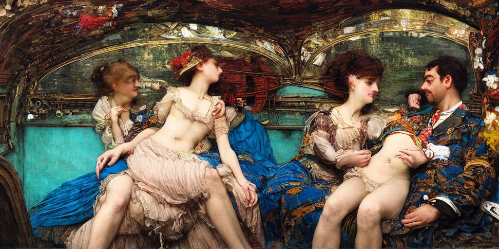 Image similar to detailed colourful masterpiece of photography couple portrait sat down extreme closeup, inside an underwater train, wearing unusual clothes, by william powell frith and ford maddox brown and frederic leighton and john william waterhouse