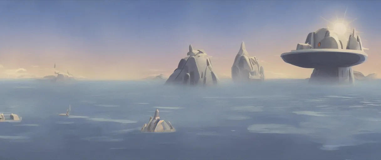 Image similar to floating islands in sky, concept art, low angle, cinematic, style of ralph mcquarrie