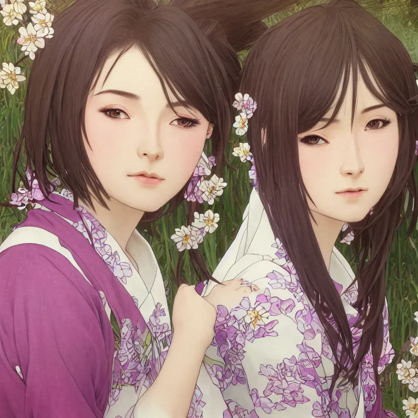 Prompt: portrait of a girl, sakura tree in background, yukata clothing, real faces, anime style, short hair, hair down, symmetrical facial features, realistic hands, hyper realistic, 4 k, extreme detail, detailed drawing, trending artstation, realistic lighting, by alphonse mucha, greg rutkowski, sharp focus, backlit