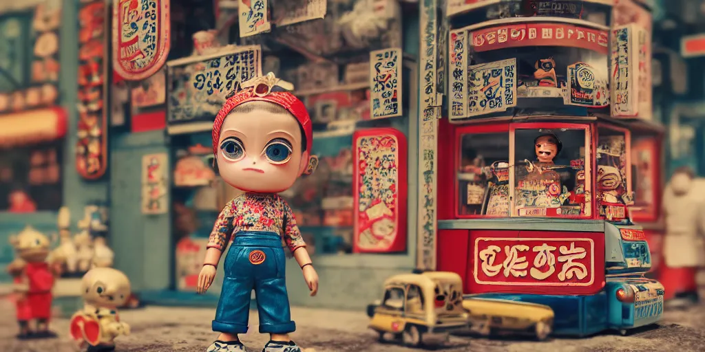 Image similar to closeup portrait of tin toy retro tokyo corner store diorama, depth of field, f 3 2, zeiss lens, detailed, centered, fashion photoshoot, by nicoletta ceccoli, mark ryden, lostfish, breathtaking, 8 k resolution, extremely detailed, beautiful, establishing shot, artistic, hyperrealistic, octane render, - h 8 0 4