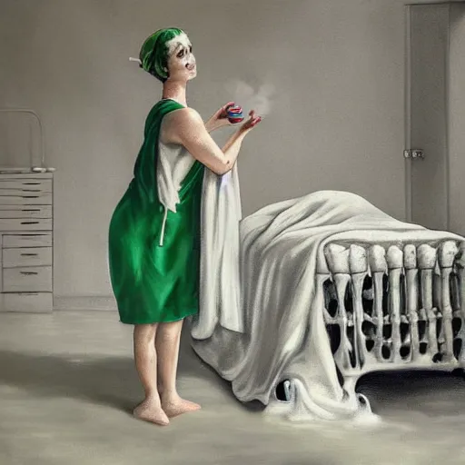 Image similar to woman in hospital room. Holding bottle made of skull. Poisonous green smoke comes out of a botlle forming dancing skeletons to the air. Woman is wearing white toga made of silk. Glamour photograph. Digital painting - h 768